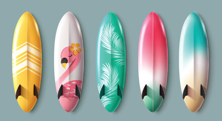Fototapete - Summer surfboard elements clipart set. Colorful surfing board clip art collection with rocket design and printed tropical elements for holiday vacation vector illustration.
