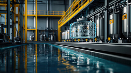 Leinwandbilder - modern plastic recycling plant featuring advanced technology, large tanks, and reflective water surface, showcasing innovation in recycling processes