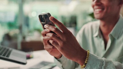 Poster - Hands, phone and man in office with swipe online for stock market research with dividend yield. Cellphone, typing and male financial trader reading on website for investment revenue or profit growth.