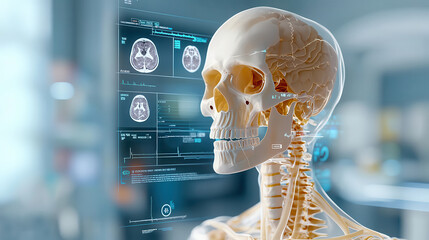 Poster - realistic holographic human skeleton displayed in modern medical environment, showcasing detailed anatomical features and digital imaging technology