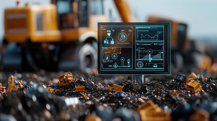 Poster - robotic AI driven landfill site with digital monitor displaying analytics and data. Heavy machinery operates in background, showcasing advanced waste management technology