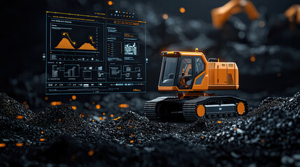 Poster - robotic excavator operates in high tech landfill site, showcasing advanced data analytics on holographic display. scene highlights innovation in waste management