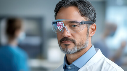 Poster - surgeon wearing augmented reality glasses examines holographic heart display in modern medical environment. advanced technology enhances surgical precision and patient care