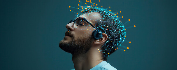 Poster - student using brain computer interface technology, showcasing neural connections and data visualization. image captures fusion of technology and human cognition, evoking curiosity and innovation