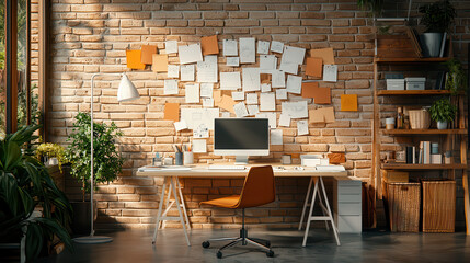 Poster - modern creative workspace featuring desk, computer, and organized notes on brick wall. warm lighting and greenery create inspiring atmosphere for productivity