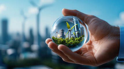 Aufkleber - Hand holding transparent sphere with green plants and wind turbines, symbolizing sustainable energy and eco friendly technology in modern cityscape