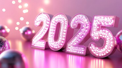Poster - 2025 made of bright pink light bulbs is standing on reflective surface with disco balls
