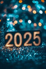 Poster - Golden 2025 sign celebrating new year's eve with sparkling tinsel and bokeh lights