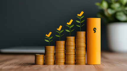 Fototapete - Increasing profits represented by coins and plants, symbolizing economic growth and development. image conveys positive outlook on financial success and sustainability