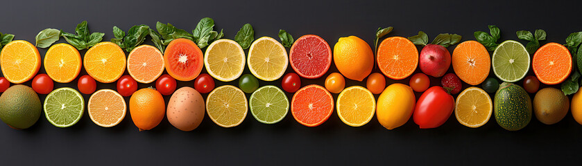 Poster - Fresh seasonal fruits and vegetables arranged in colorful flat lay display, showcasing vibrant oranges, limes, and greens, perfect for healthy eating inspiration