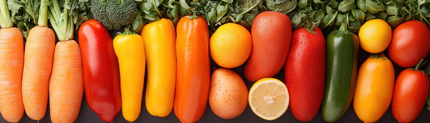 Aufkleber - Fresh organic fruits and vegetables arranged in colorful flat lay, showcasing vibrant carrots, peppers, citrus fruits, and leafy greens, promoting healthy eating