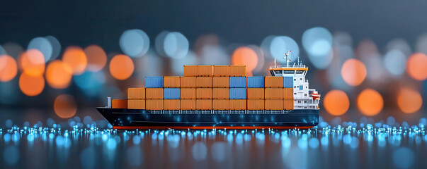 Poster - cargo ship loaded with colorful containers is illuminated against blurred background of lights, symbolizing logistics and maritime transport