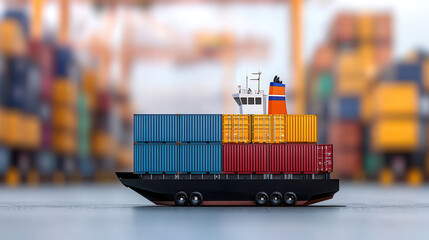 Poster - model cargo ship with colorful containers is docked at shipping terminal, symbolizing global trade and logistics. vibrant colors of containers stand out against blurred background of busy dock
