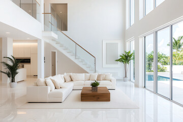 Aufkleber - Luxurious living room with white marble floors, modern furniture, and large windows. space features cozy sectional sofa, wooden coffee table, and indoor plants, creating serene atmosphere