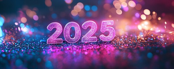 Poster - 2025 new year celebration background with glittering neon lights