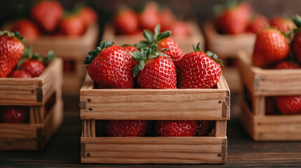 Aufkleber - Fresh strawberries in wooden baskets, showcasing their rich red color and vibrant texture. Perfect for desserts or healthy snacks, these berries evoke sense of summer delight