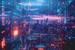 © Chalita - Futuristic cityscape at night with vibrant neon lights and glowing lines illuminating the urban environment and architecture under a starry sky