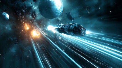 Poster - Spaceship at warp speed travels through a vibrant nebula, passing planets and stars For exploration technology adventure science universe Concept.