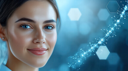 Poster - Portrait of woman with blue eyes, smiling, surrounded by abstract technology elements, representing innovation and science. modern and futuristic atmosphere enhances visual appeal
