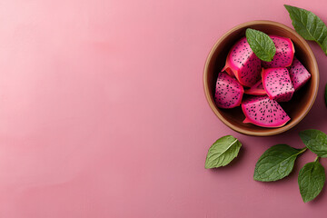 Aufkleber - Fresh dragon fruit slices in bowl with mint leaves on pink background, creating vibrant and exotic presentation. Perfect for healthy eating and tropical themes