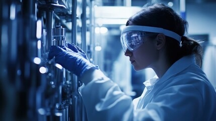 Poster - Female chemical engineer wearing protective glasses and gloves, carefully adjusting industrial equipment in a modern factory setting, focused on precision and safety during production