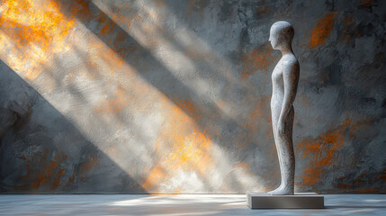 Leinwandbilder - minimalist sculpture stands against textured gray wall, illuminated by soft light. serene atmosphere evokes contemplation and artistic expression
