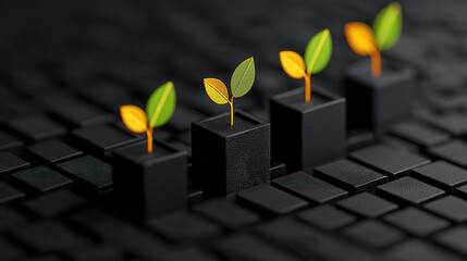 Poster - This represents growth and innovation, showcasing green and orange leaves emerging from black cubes, symbolizing wealth accumulation and strategic development