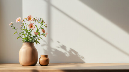 Aufkleber - vibrant floral arrangement in wooden vase, showcasing delicate pink flowers, adds touch of nature to modern interior. soft shadows create serene atmosphere