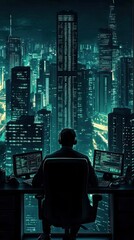 night city hacker working late at his desk
