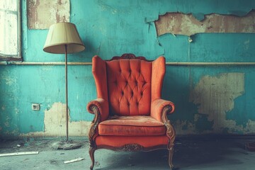 Dusty orange armchair, decaying room, lamp, abandoned building, design