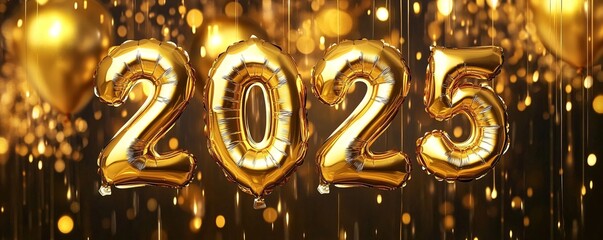 Poster - Golden balloons wishing happy new year 2025 on sparkling background