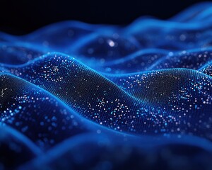 Blue digital particle waves move, flow, background is blurred. Usable for technology or abstract concepts