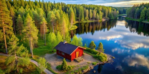 Sticker - Aerial view of a cozy red log cabin with sauna nestled in a spring forest near a tranquil lake in Finland ,  cabin, sauna, spring