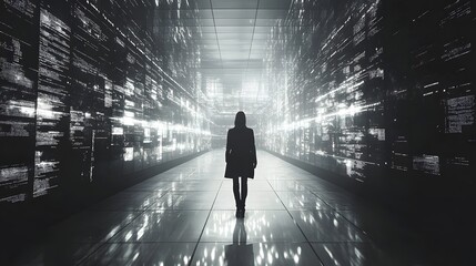 Poster - silhouette of data privacy consultant in futuristic tech workspace with cyber security concepts and 