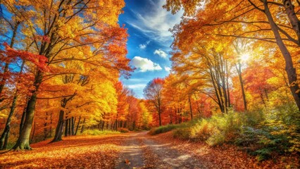  Autumn forest scene with vibrant fall colors and golden leaves under clear sky, autumn, forest, landscape