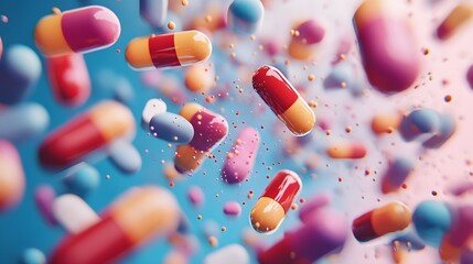 Poster - and innovative editorial photography style visualizing the speeding up of drug discovery and pharmaceutical research and development processes  Featuring a colorful abstract