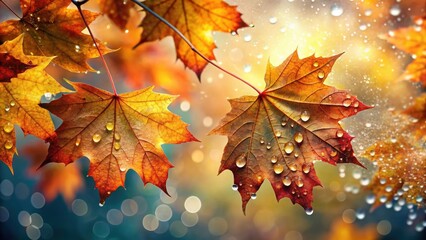 Sticker - Autumn leaves covered in glistening water drops, showcasing the beauty of nature, autumn, leaves, water drops, foliage, season