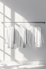 Wall Mural - Three plain white long sleeve shirts hanging on a clothes rail in an empty room