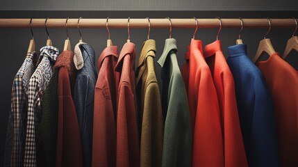 Poster - Wardrobe showing clothes hanging from wooden hangers
