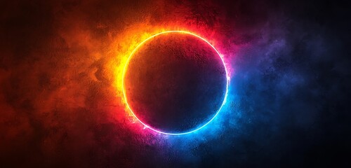 Wall Mural - a vibrant blue, orange, and red gradient encircling a glowing ring on a dark background, perfect for