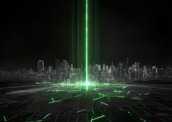 Poster - green light beams from the ground to the city above; background is dark for a tech presentation