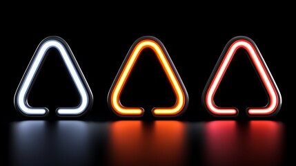 three illuminated triangular neon signs in varying colors