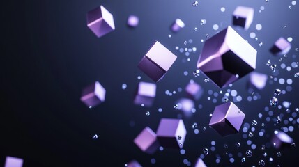 Abstract purple cubes and bokeh floating in dark space.