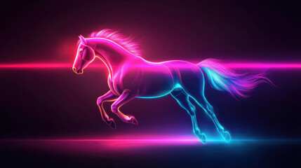 Wall Mural - vibrant horse galloping through neon lit background, showcasing dynamic movement and colorful illumination. scene evokes sense of energy and freedom