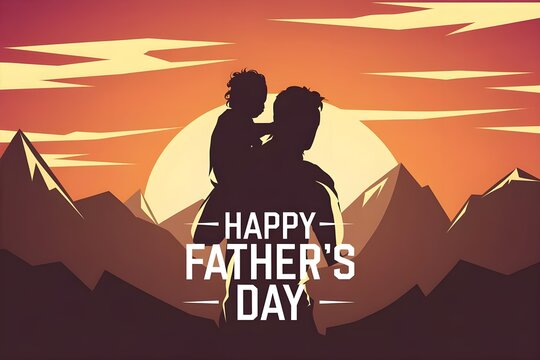 A silhouette of a father and son standing on a mountain at sunset