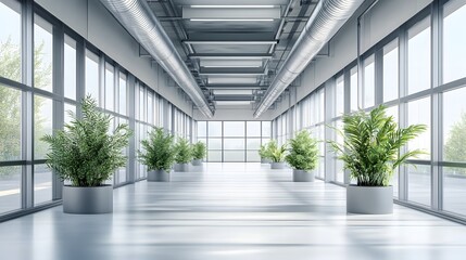 Poster - Sleek contemporary office corridors showcasing innovative ventilation systems and energy efficient smart technology for a sustainable controlled indoor environment with an aesthetic charm