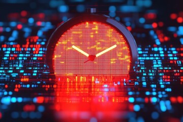 Poster - Digital clock displaying time over a data matrix technology concept modern environment close-up view