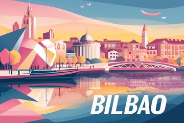 Wall Mural - Modern digital illustration of Bilbao, Spain, featuring the iconic Guggenheim Museum, the Nervión River, and vibrant city architecture with reflections of bridges and buildings.  .