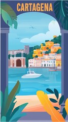 Wall Mural - Colorful digital illustration of Cartagena, Spain, featuring the historic Roman Theatre, the bustling naval port, and the scenic Mediterranean coastline under a bright sky.  .