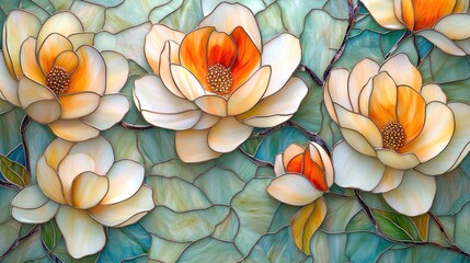 Poster - Stained glass artwork of creamy white and orange magnolias.